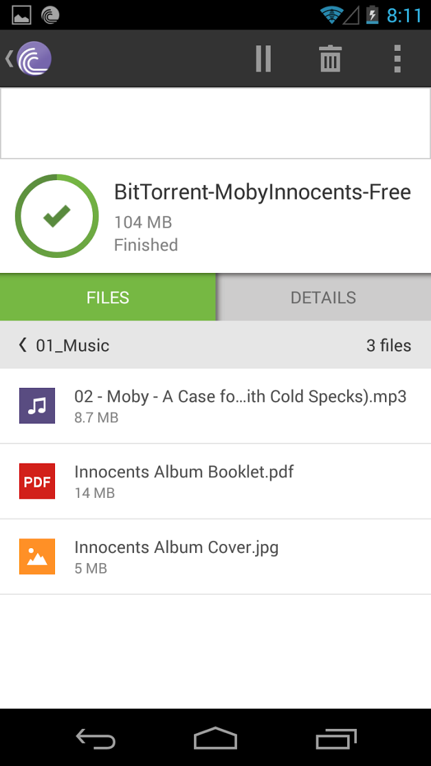 Torrent details and file list in BitTorrent Android